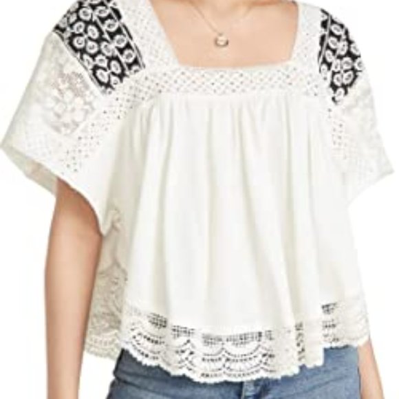 Free People Prairie Days Embroidered Crop Crochet Hemline Top Size XL W&B - Picture 10 of 12